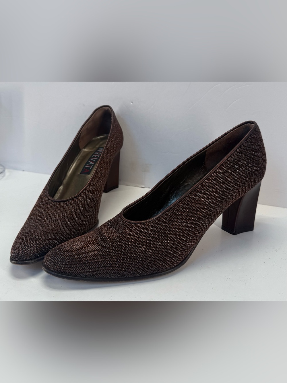 Vintage Prevata Brown metallic Textured Block Heel Pumps size 8B